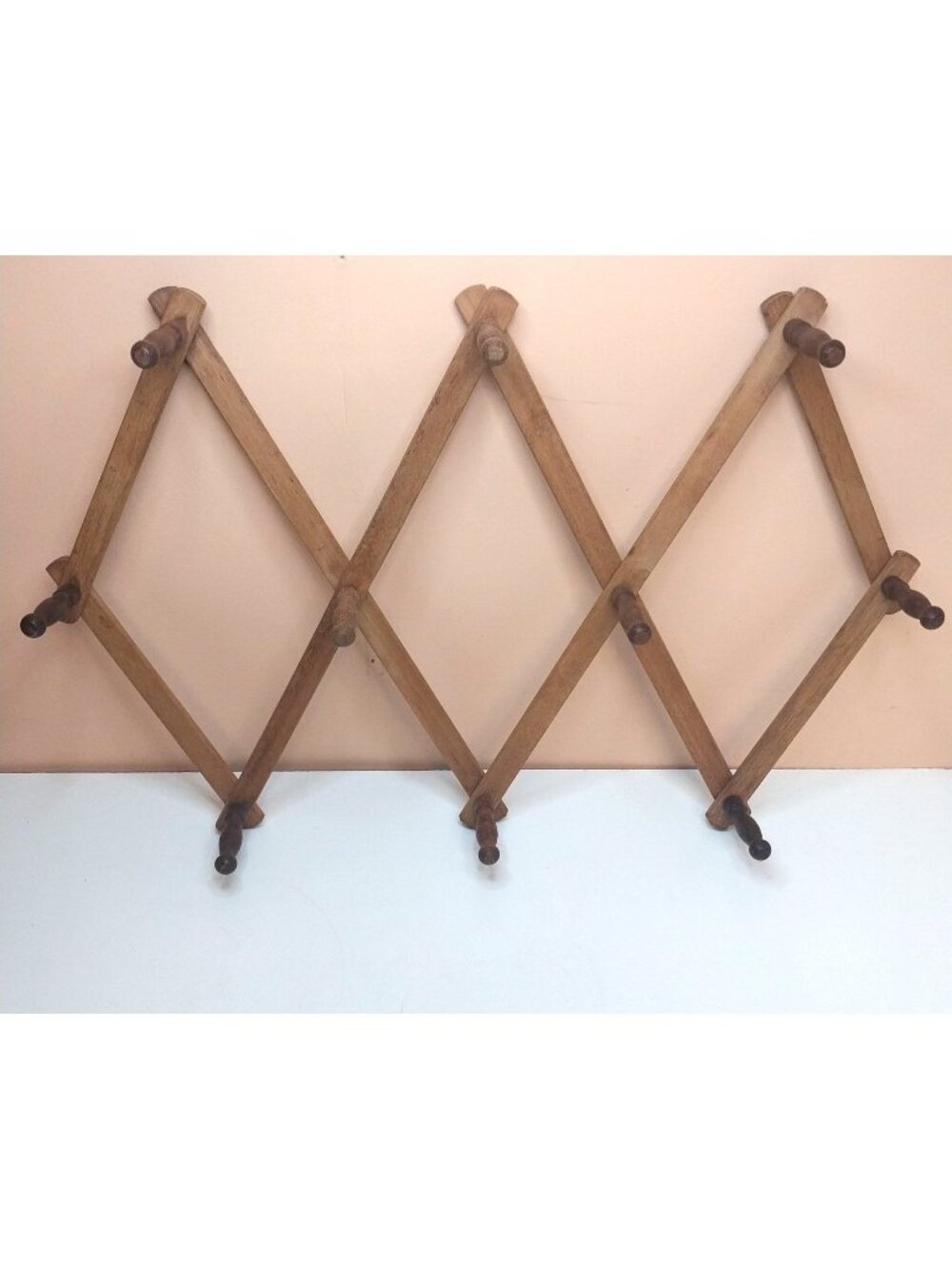 Vintage Wooden Accordion Wall Rack 10 Peg Expandable Rustic Hat Coat Hanger